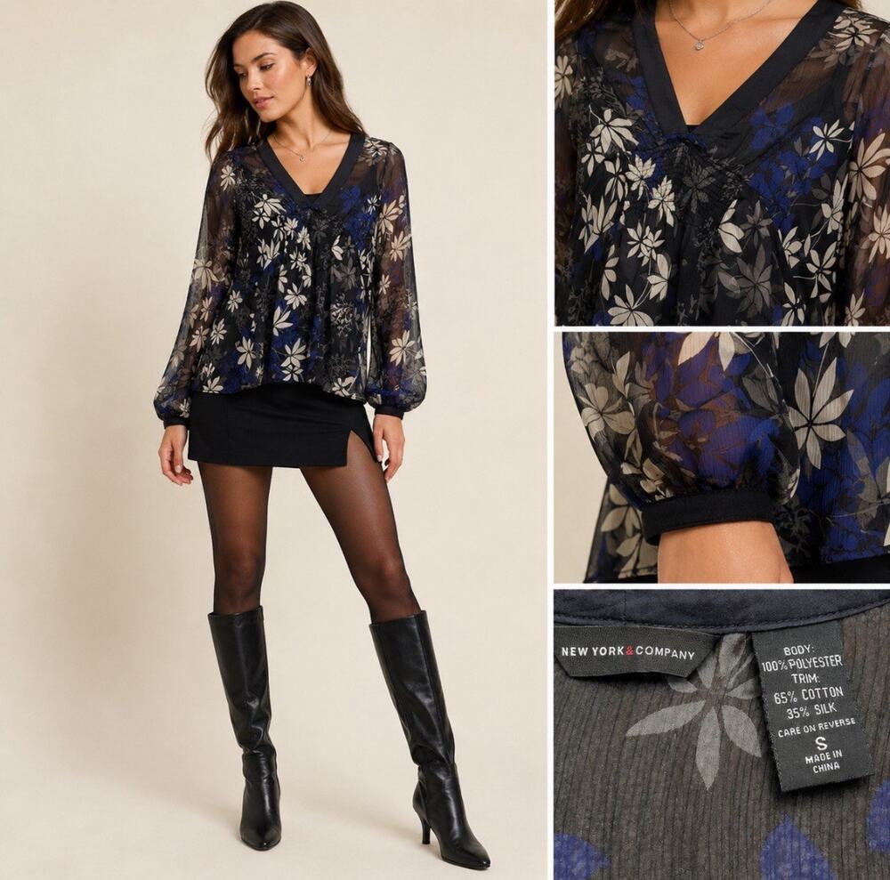 Y2K Dark Academia New York & Co Sheer Floral Blouse Size S Black Blue Whimsical